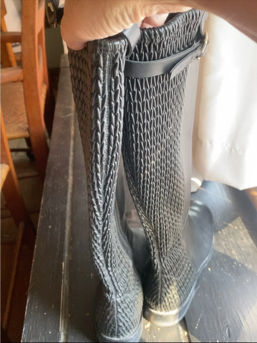 Cole Haan Black Leather Over-the-Knee Riding Boots with Woven Stretch Panels